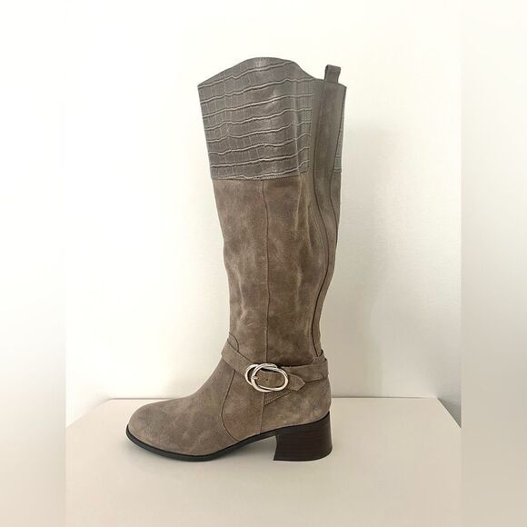 Marc Fisher Wide Calf Croc Embossed Knee High Side Zip Suede Boots Taupe 9, NWOB - Picture 6 of 12